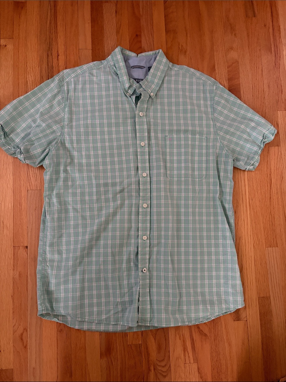 IZOD Mens Light Green Plaid Short-Sleeve Button-Down Shirt